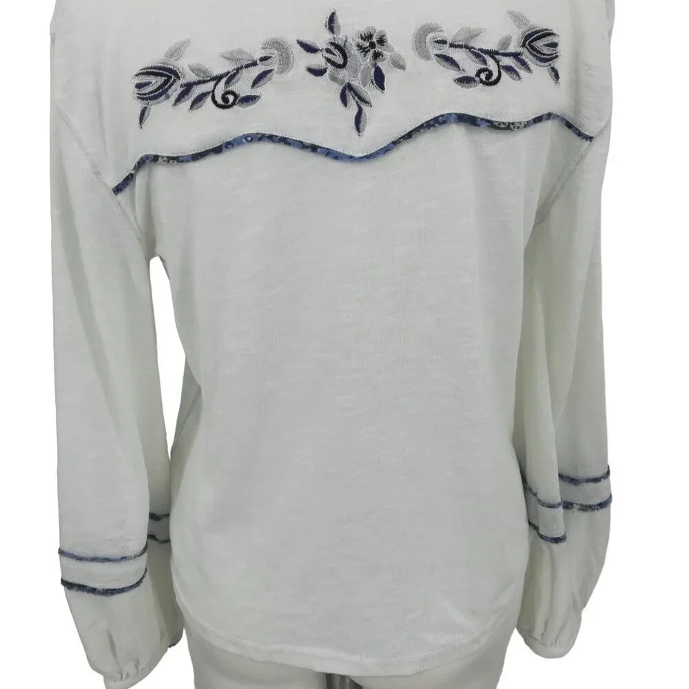 Free People Embroidered Floral Lace Henley Pearl Snap Shirt Size S Puff Sleeve